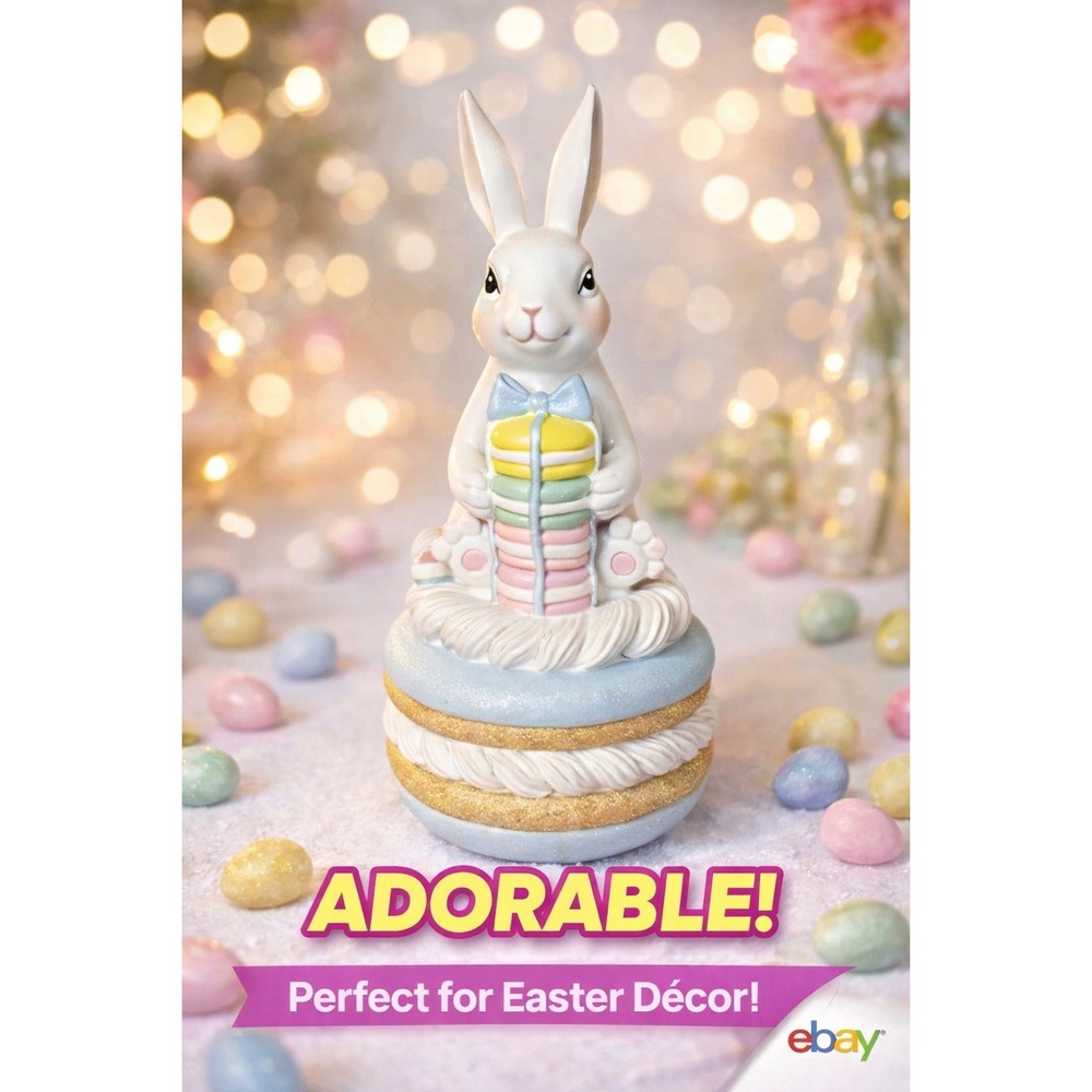 Pastel Easter Bunny 11in w/ Blue Pink Macarons Spring Decor NEW Rare